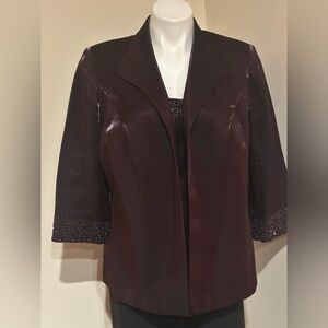 ALEX EVENINGS Eggplant Purple Satin Beated Top & No Button Open Jacket Set Sz LP